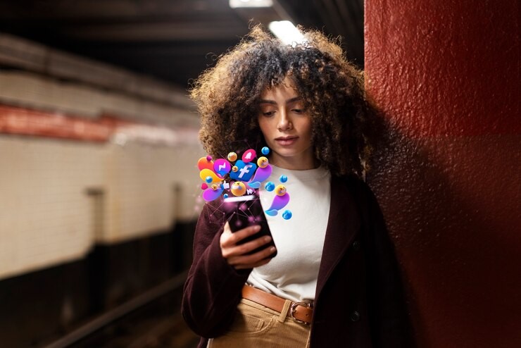 Mulher segura smartphone com figuras de redes sociais e emojis ao redor