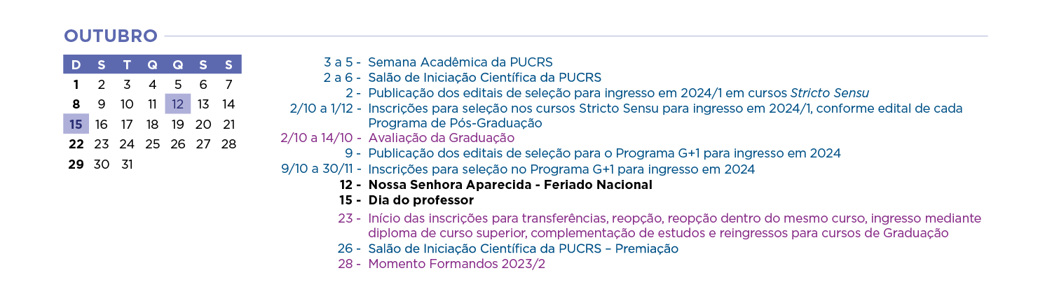 Calendário Acadêmico PUCRS - Mês de Outubro