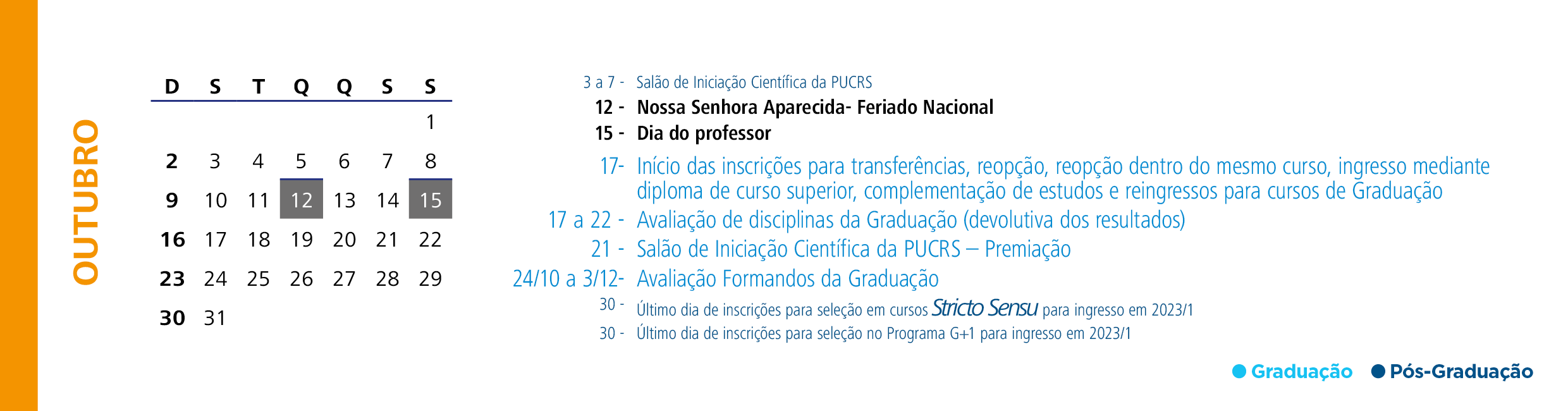 Calendário Acadêmico PUCRS - Mês de Outubro