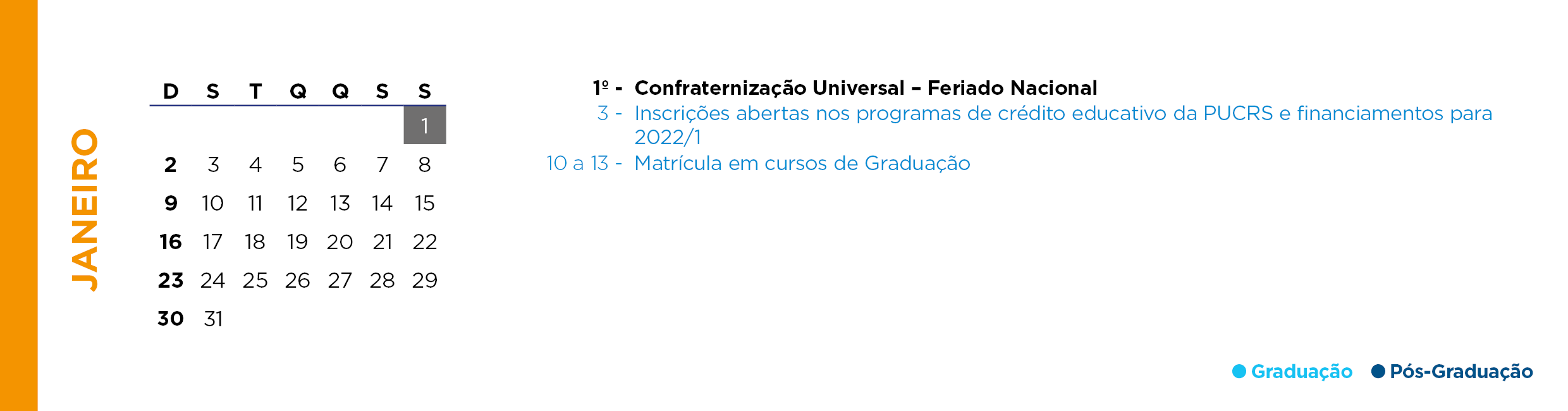 Calendário Acadêmico PUCRS - Mês de Janeiro